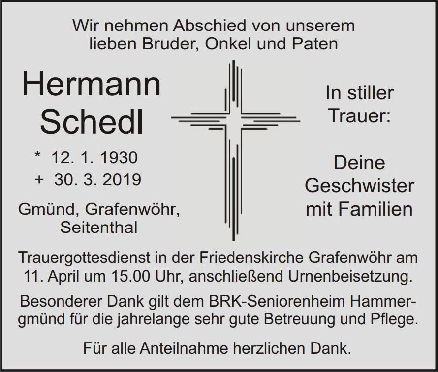 Traueranzeige Hermann Schedl, Gmünd