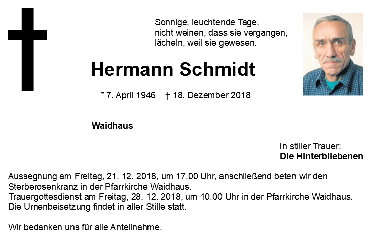 Traueranzeige Hermann Schmidt, Waidhaus