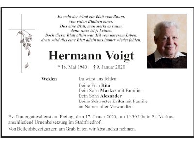 Traueranzeige Hermann Voigt, Weiden