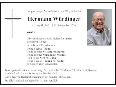 Traueranzeige Hermann Würdinger, Weiden