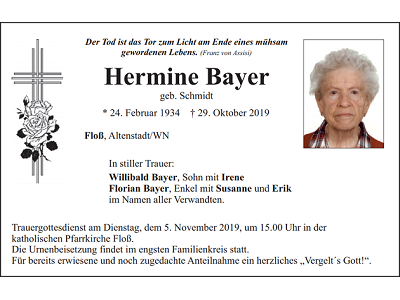 Traueranzeige Hermine Bayer, Floß