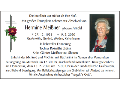 Traueranzeige Hermine Meißner, Grafenwöhr
