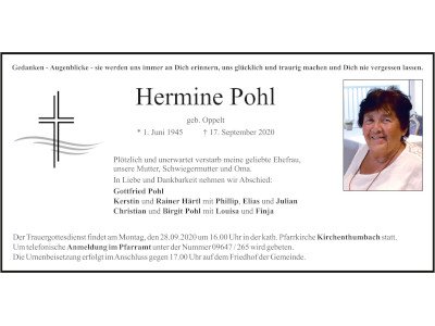 Traueranzeige Hermine Pohl, Kirchenthumbach