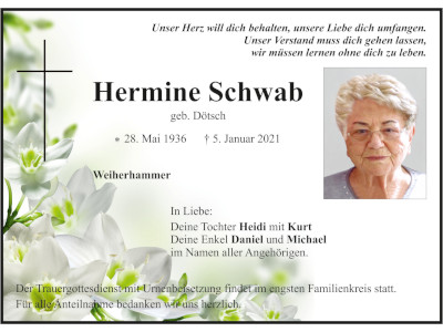 Traueranzeige Hermine Schwab, Weiherhammer