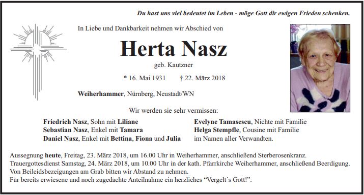 Traueranzeige Herta Nasz, Weiherhammer
