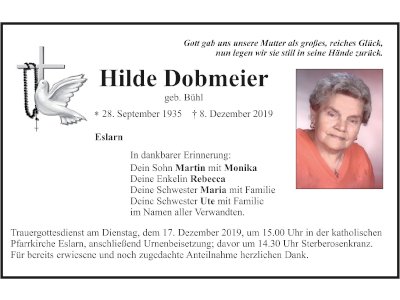 Traueranzeige Hilde Dobmeier, Eslarn