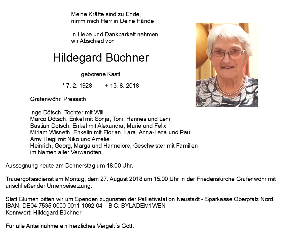 Traueranzeige Hildegard Büchner, Grafenwöhr