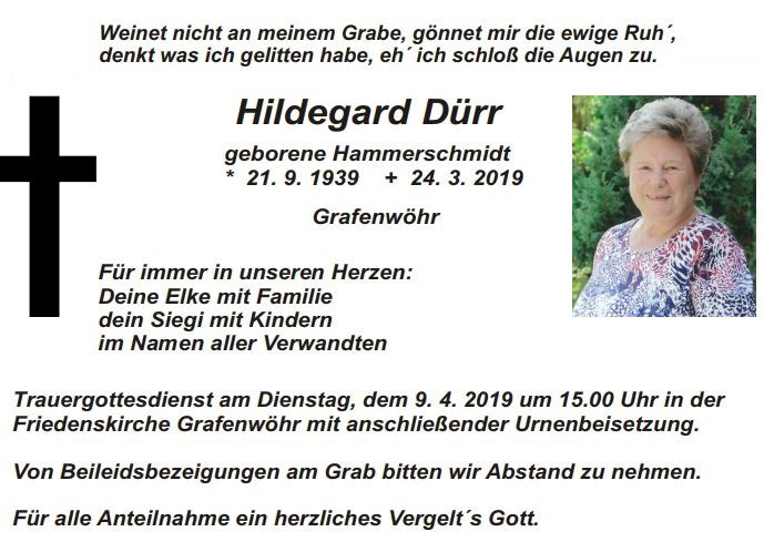 Traueranzeige Hildegard Dürr, Grafenwöhr