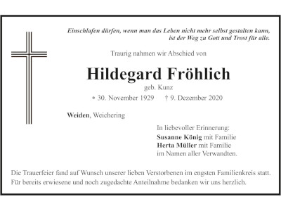 Traueranzeige Hildegard Fröhlich, Weiden