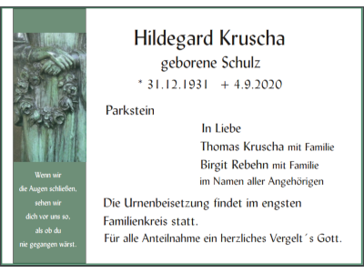 Traueranzeige Hildegard Kruscha, Parkstein