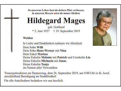 Traueranzeige Hildegard Mages, Weiden