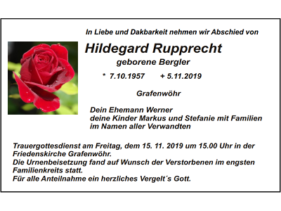 Traueranzeige Hildegard Rupprecht, Grafenwöhr