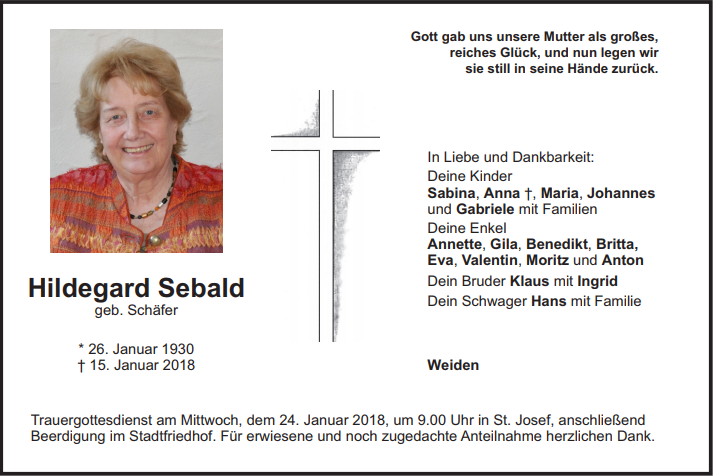 Traueranzeige Hildegard Sebald, Weiden