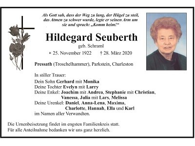 Traueranzeige Hildegard Seuberth, Pressath