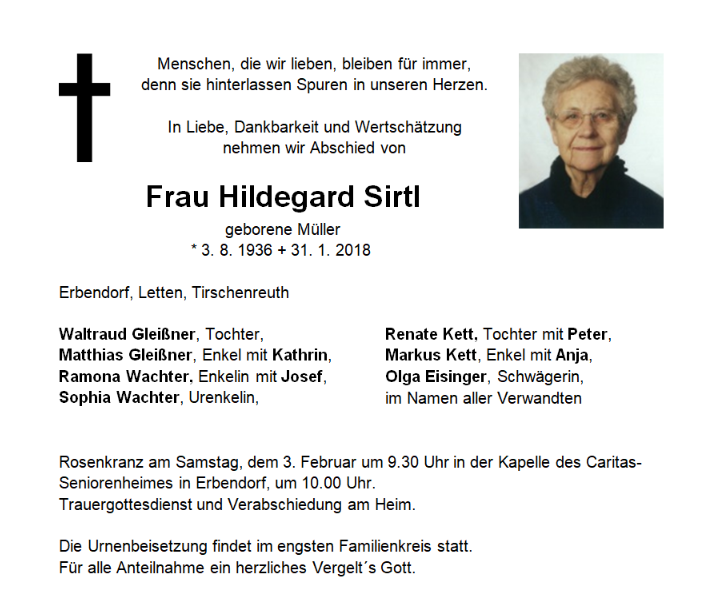 Traueranzeige Hildegard Sirtl, Erbendorf