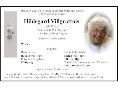 Traueranzeige Hildegard Villgrattner, Weiden