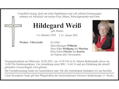 Traueranzeige Hildegard Weiß, Weiden