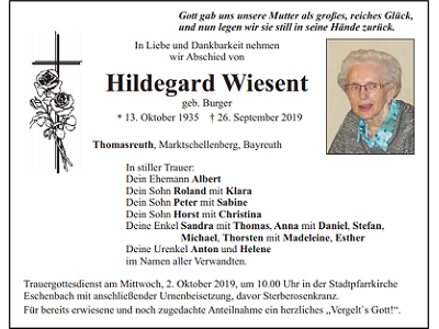 Traueranzeige Hildegard Wiesent, Thomasreuth