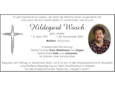 Traueranzeige Hildegard Wosch, Weiden