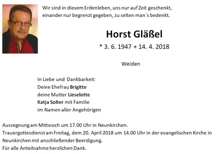 Traueranzeige Horst Gläßel, Weiden