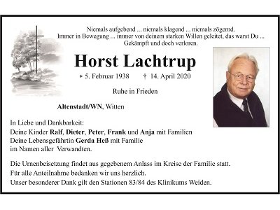 Traueranzeige Horst Lachtrup, Altenstadt/WN