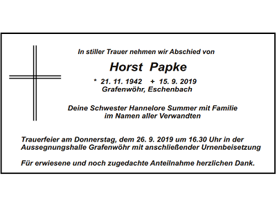 Traueranzeige Horst Papke, Grafenwöhr