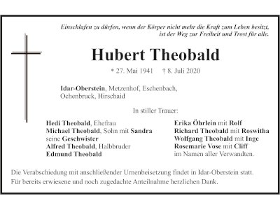 Traueranzeige Hubert Theobald, Idar-Oberstein/Eschenbach