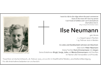 Traueranzeige Ilse Neumann, Weiden