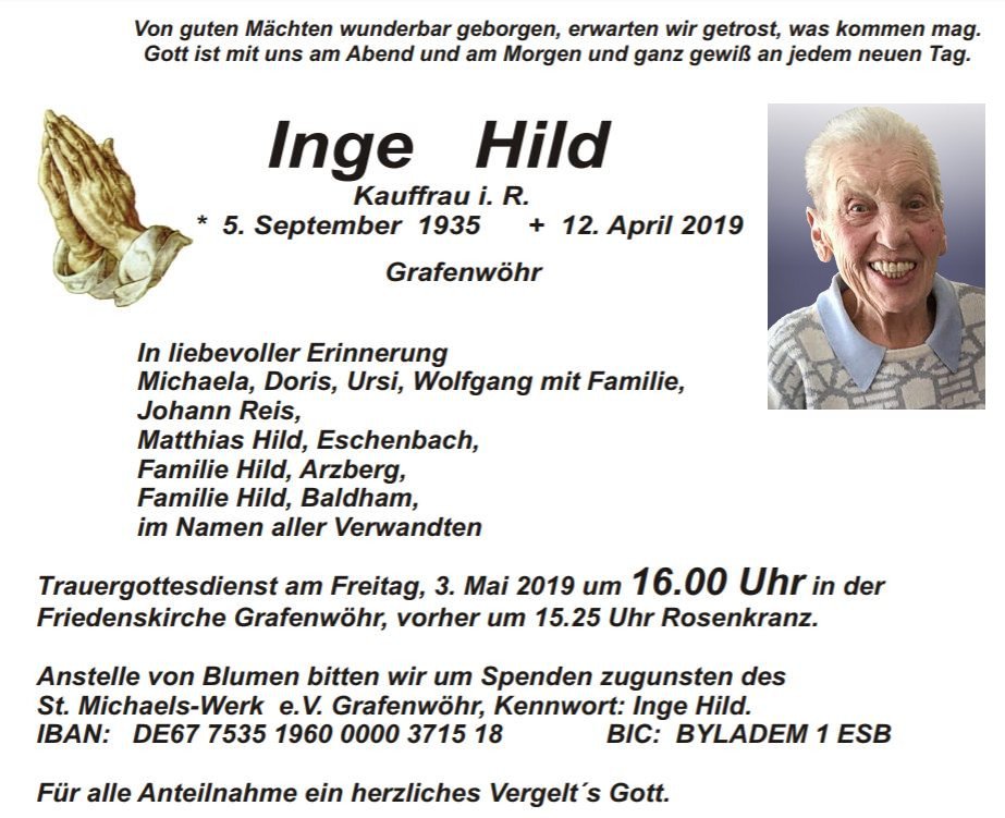 Traueranzeige Inge Hild, Grafenwöhr