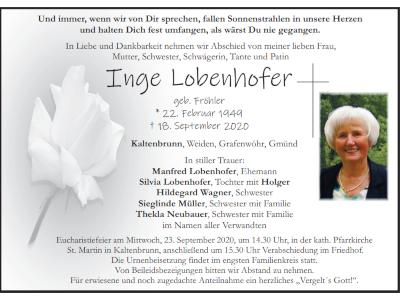 Traueranzeige Inge Lobenhofer, Kaltenbrunn