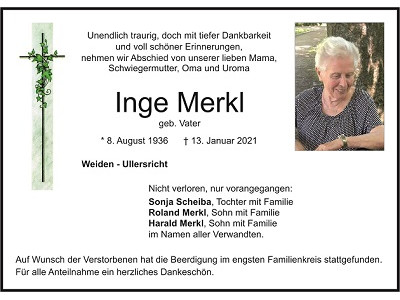 Traueranzeige Inge Merkl, Weiden