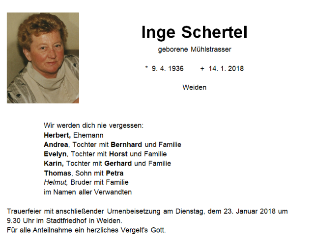 Traueranzeige Inge Schertel, Weiden