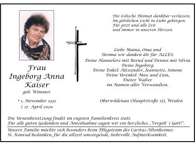 Traueranzeige Ingeborg Anna Kaiser, Oberwildenau