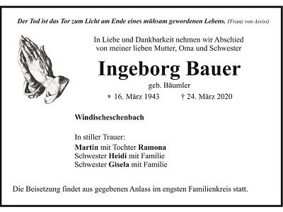 Traueranzeige Ingeborg Bauer, Windischeschenbach