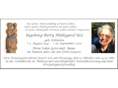 Traueranzeige Ingeborg Betty Hildegard Utz, Amberg