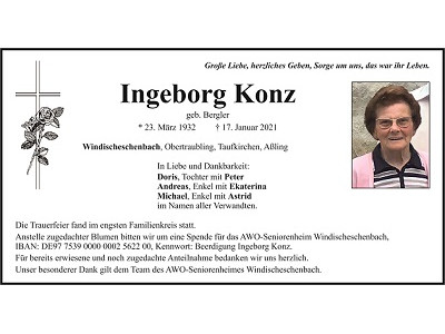 Traueranzeige Ingeborg Konz, Windischeschenbach