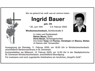 Traueranzeige Ingrid Bauer, Windischeschenbach