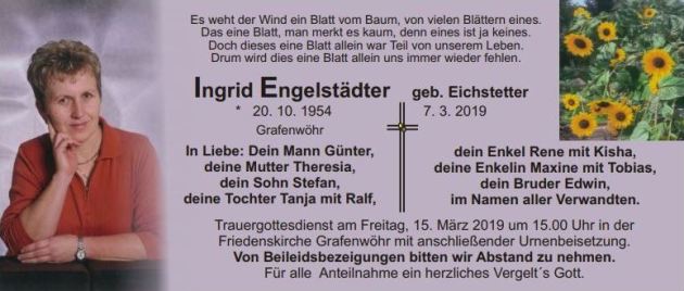 Traueranzeige Ingrid Engelstädter, Grafenwöhr