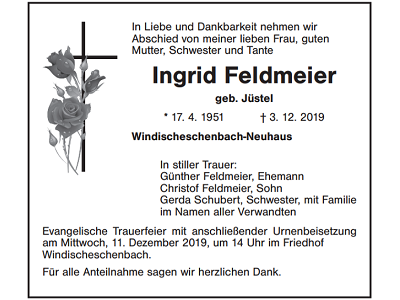 Traueranzeige Ingrid Feldmeier, Windischeschenbach-Neuhaus