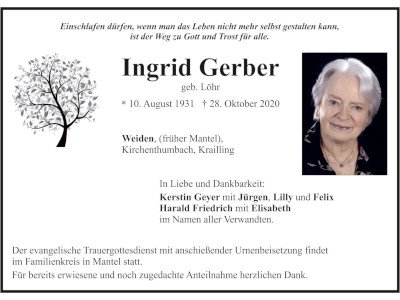 Traueranzeige Ingrid Gerber, Weiden
