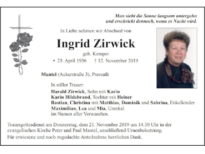 Traueranzeige Ingrid Zirwick, Mantel