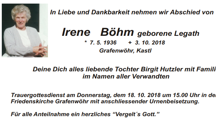 Traueranzeige Irene Böhm, Grafenwöhr