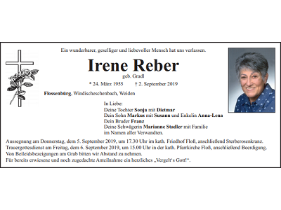 Traueranzeige Irene Reber, Flossenbürg