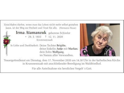 Traueranzeige Irma Atamazuk, Krummennaab