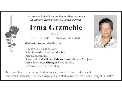 Traueranzeige Irma Grzmehle, Weiherhammer