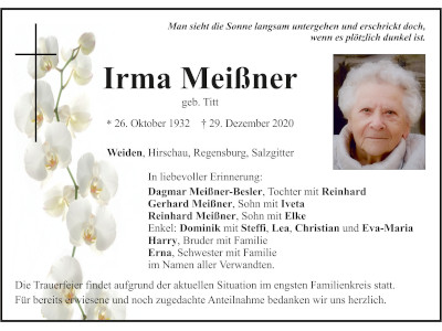 Traueranzeige Irma Meißner, Weiden