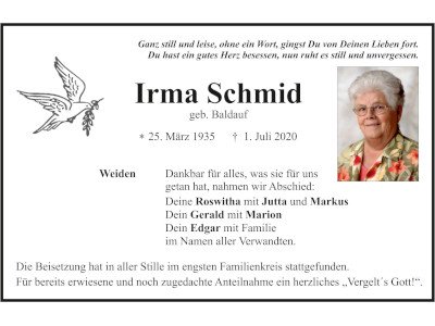 Traueranzeige Irma Schmid, Weiden