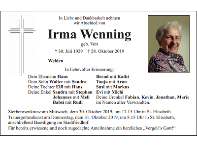 Traueranzeige Irma Wenning, Weiden