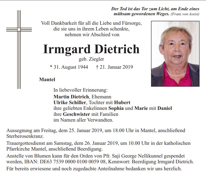 Traueranzeige Irmgard Dietrich, Mantel