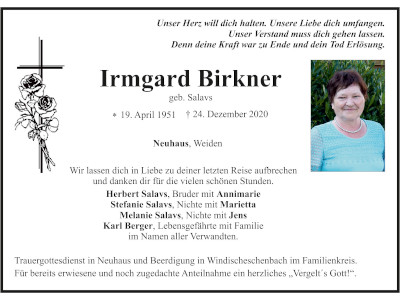 Traueranzeige Irmgard Birkner, Neuhaus